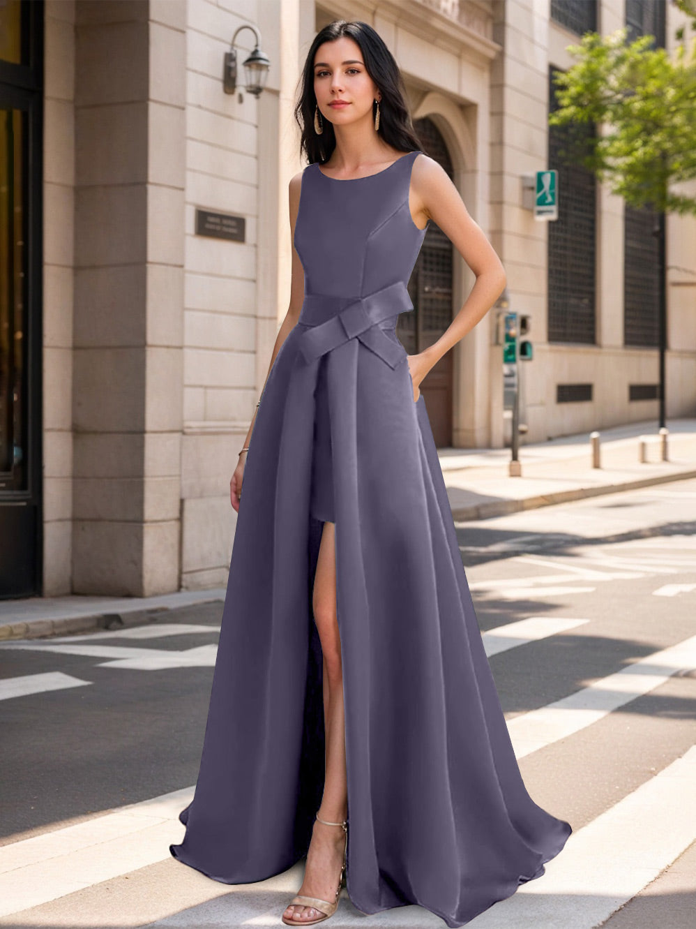 A-Line/Princess Scoop Mother of the Bride Dresses with High Split & Bow