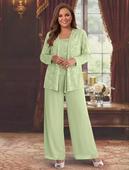 Chiffon Plus Size Mother of the Bride Pantsuits with Jacket &amp; Sequins