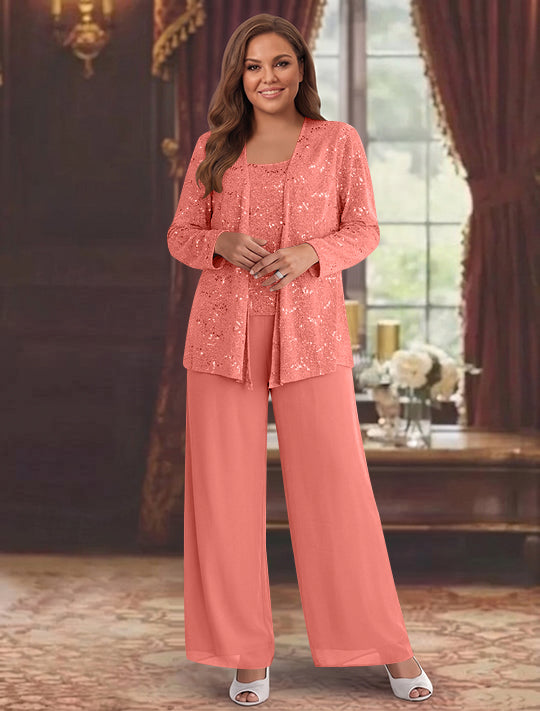 Chiffon Plus Size Mother of the Bride Pantsuits with Jacket &amp; Sequins