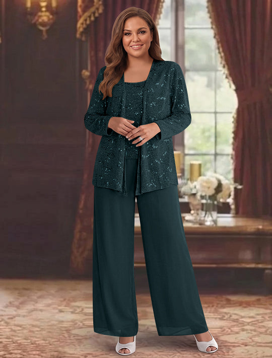 Chiffon Plus Size Mother of the Bride Pantsuits with Jacket &amp; Sequins