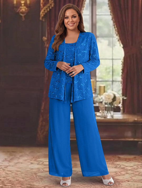 Chiffon Plus Size Mother of the Bride Pantsuits with Jacket &amp; Sequins