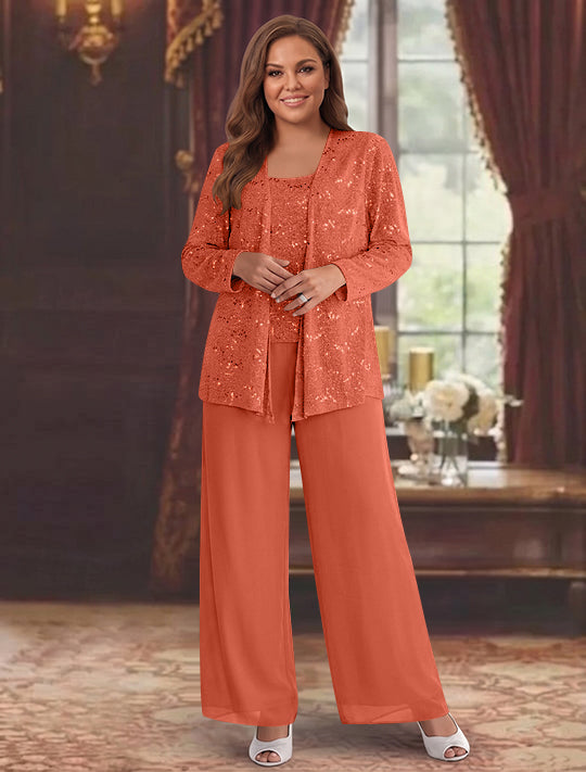 Chiffon Plus Size Mother of the Bride Pantsuits with Jacket &amp; Sequins