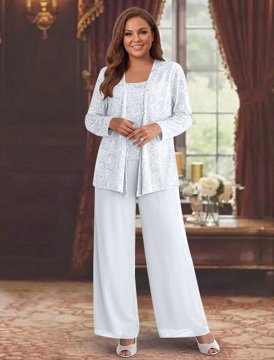 Chiffon Plus Size Mother of the Bride Pantsuits with Jacket &amp; Sequins