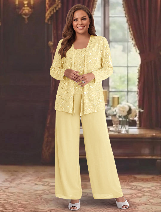 Chiffon Plus Size Mother of the Bride Pantsuits with Jacket &amp; Sequins
