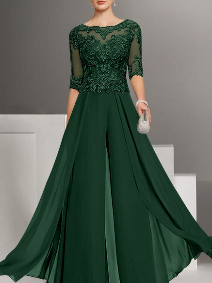 Chiffon Jewel Neck Half Sleeves Ankle-Length Mother of the Bride Pantsuits with Lace