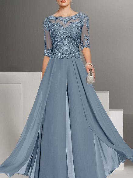 Chiffon Jewel Neck Half Sleeves Ankle-Length Mother of the Bride Pantsuits with Lace