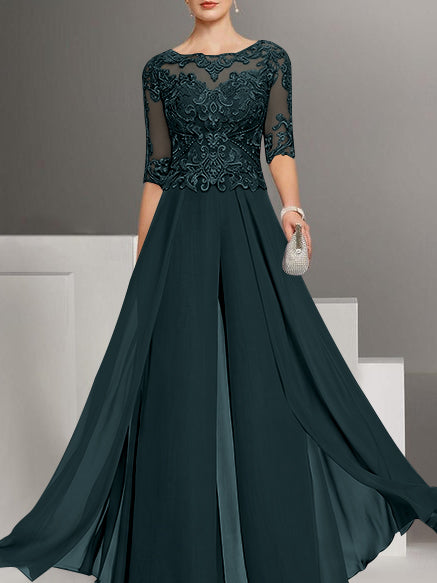 Chiffon Jewel Neck Half Sleeves Ankle-Length Mother of the Bride Pantsuits with Lace