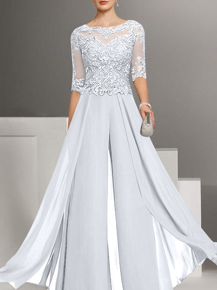 Chiffon Jewel Neck Half Sleeves Ankle-Length Mother of the Bride Pantsuits with Lace