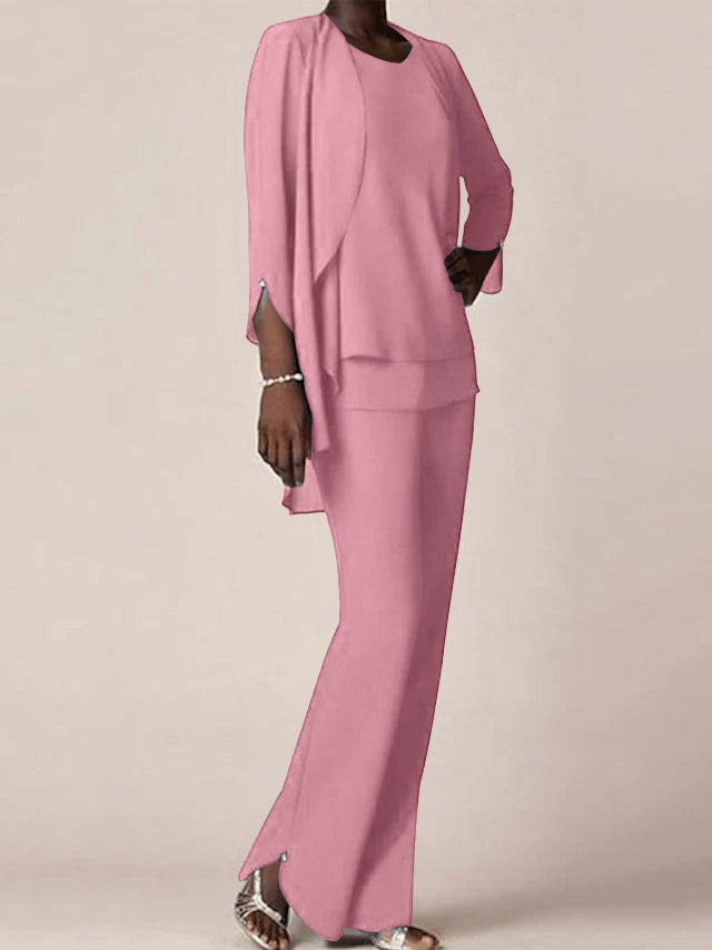Chiffon V-Neck Long Sleeves Floor-Length Mother of the Bride Pantsuits with Ruffles