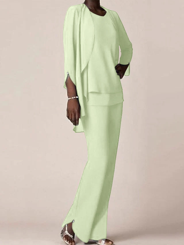 Chiffon V-Neck Long Sleeves Floor-Length Mother of the Bride Pantsuits with Ruffles