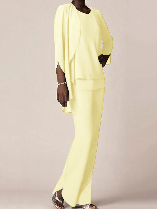 Chiffon V-Neck Long Sleeves Floor-Length Mother of the Bride Pantsuits with Ruffles