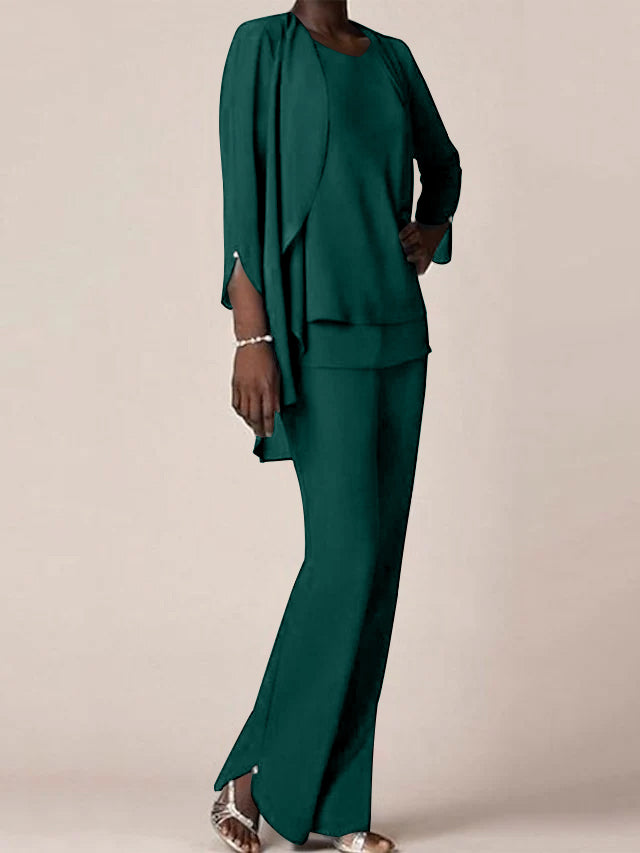 Chiffon V-Neck Long Sleeves Floor-Length Mother of the Bride Pantsuits with Ruffles