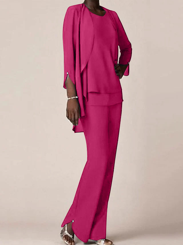 Chiffon V-Neck Long Sleeves Floor-Length Mother of the Bride Pantsuits with Ruffles