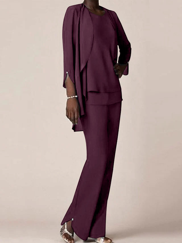 Chiffon V-Neck Long Sleeves Floor-Length Mother of the Bride Pantsuits with Ruffles