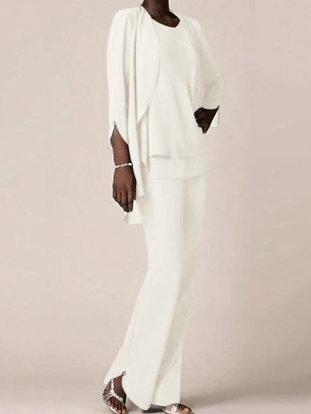Chiffon V-Neck Long Sleeves Floor-Length Mother of the Bride Pantsuits with Ruffles