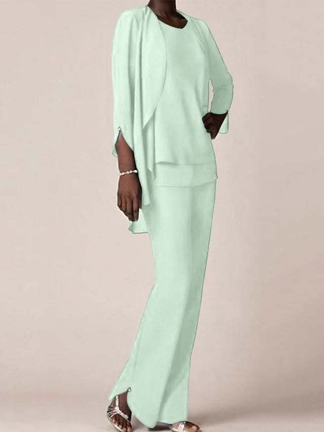 Chiffon V-Neck Long Sleeves Floor-Length Mother of the Bride Pantsuits with Ruffles