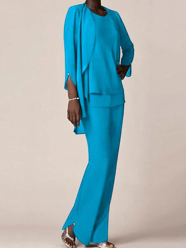 Chiffon V-Neck Long Sleeves Floor-Length Mother of the Bride Pantsuits with Ruffles