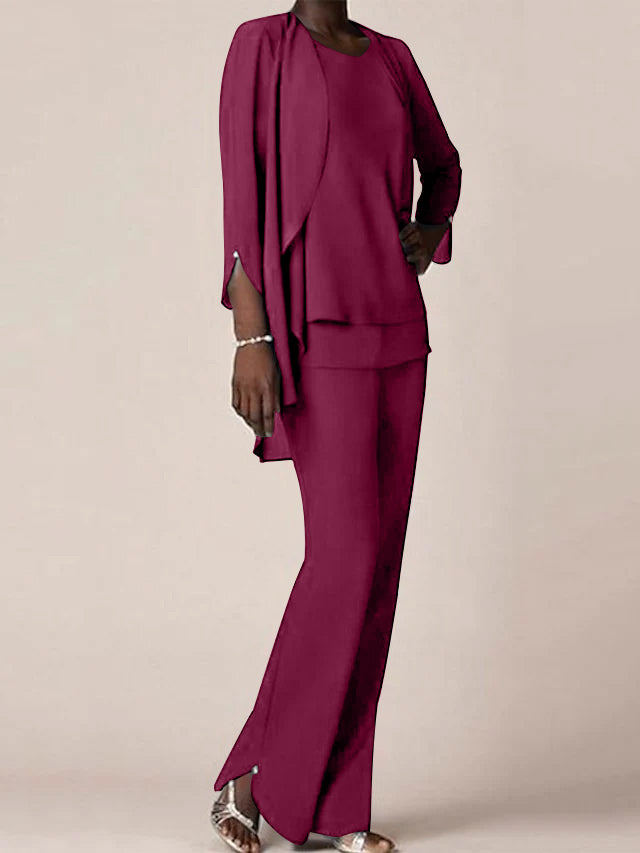 Chiffon V-Neck Long Sleeves Floor-Length Mother of the Bride Pantsuits with Ruffles