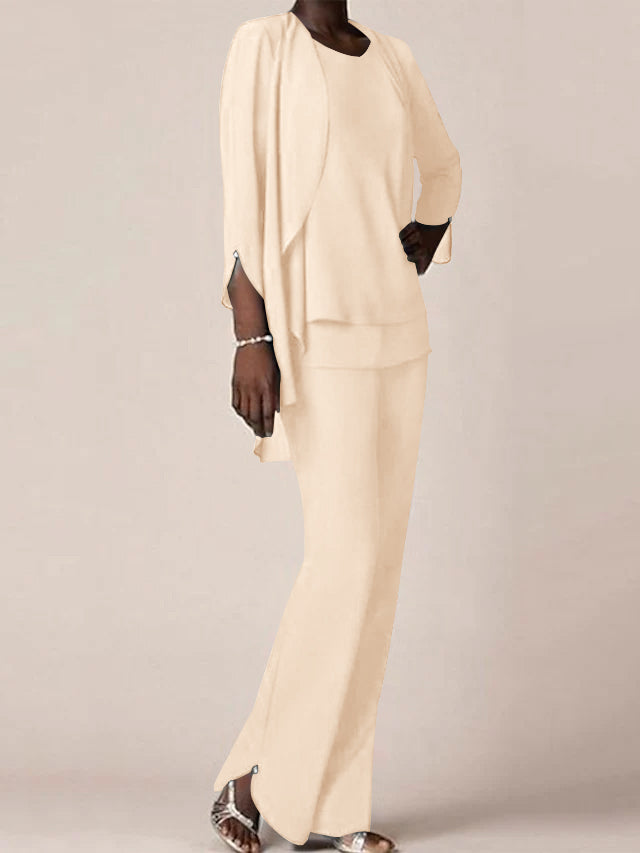 Chiffon V-Neck Long Sleeves Floor-Length Mother of the Bride Pantsuits with Ruffles