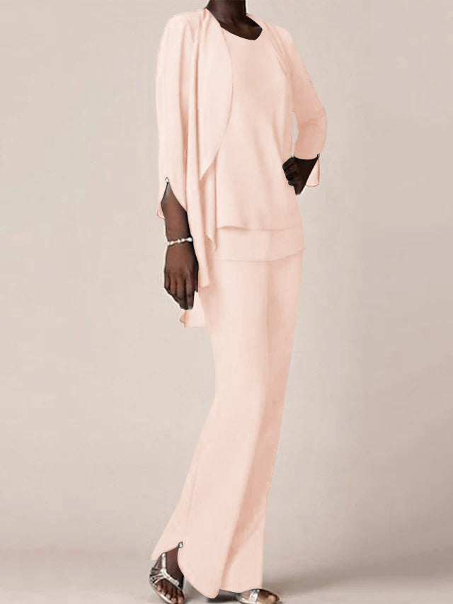 Chiffon V-Neck Long Sleeves Floor-Length Mother of the Bride Pantsuits with Ruffles