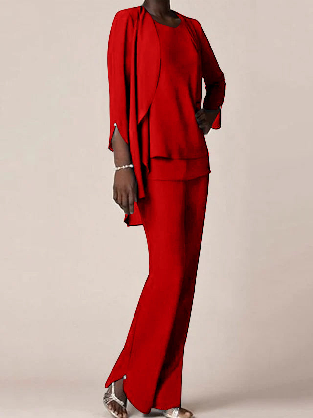 Chiffon V-Neck Long Sleeves Floor-Length Mother of the Bride Pantsuits with Ruffles