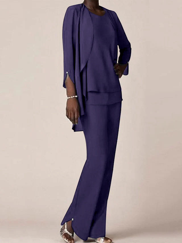 Chiffon V-Neck Long Sleeves Floor-Length Mother of the Bride Pantsuits with Ruffles