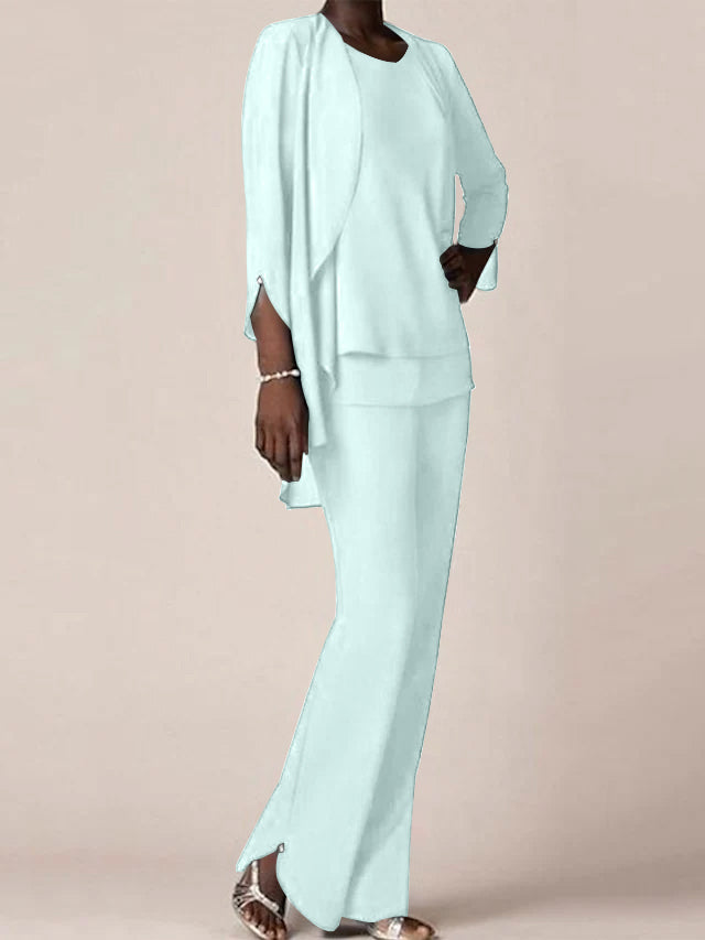 Chiffon V-Neck Long Sleeves Floor-Length Mother of the Bride Pantsuits with Ruffles