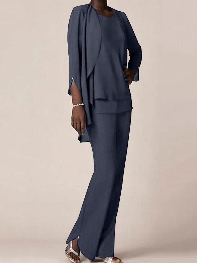 Chiffon V-Neck Long Sleeves Floor-Length Mother of the Bride Pantsuits with Ruffles