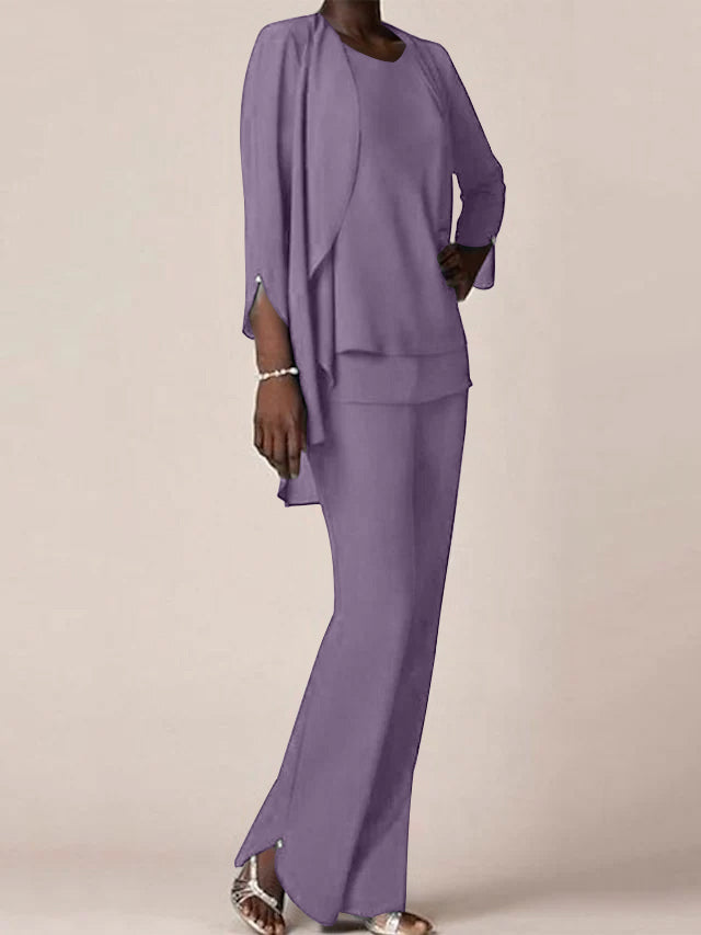 Chiffon V-Neck Long Sleeves Floor-Length Mother of the Bride Pantsuits with Ruffles