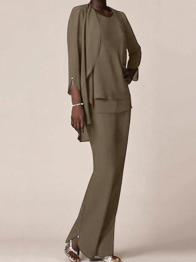 Chiffon V-Neck Long Sleeves Floor-Length Mother of the Bride Pantsuits with Ruffles