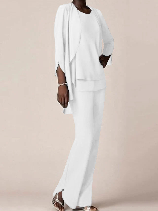 Chiffon V-Neck Long Sleeves Floor-Length Mother of the Bride Pantsuits with Ruffles