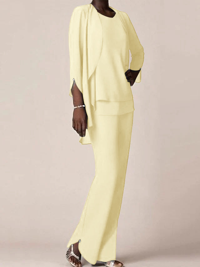 Chiffon V-Neck Long Sleeves Floor-Length Mother of the Bride Pantsuits with Ruffles