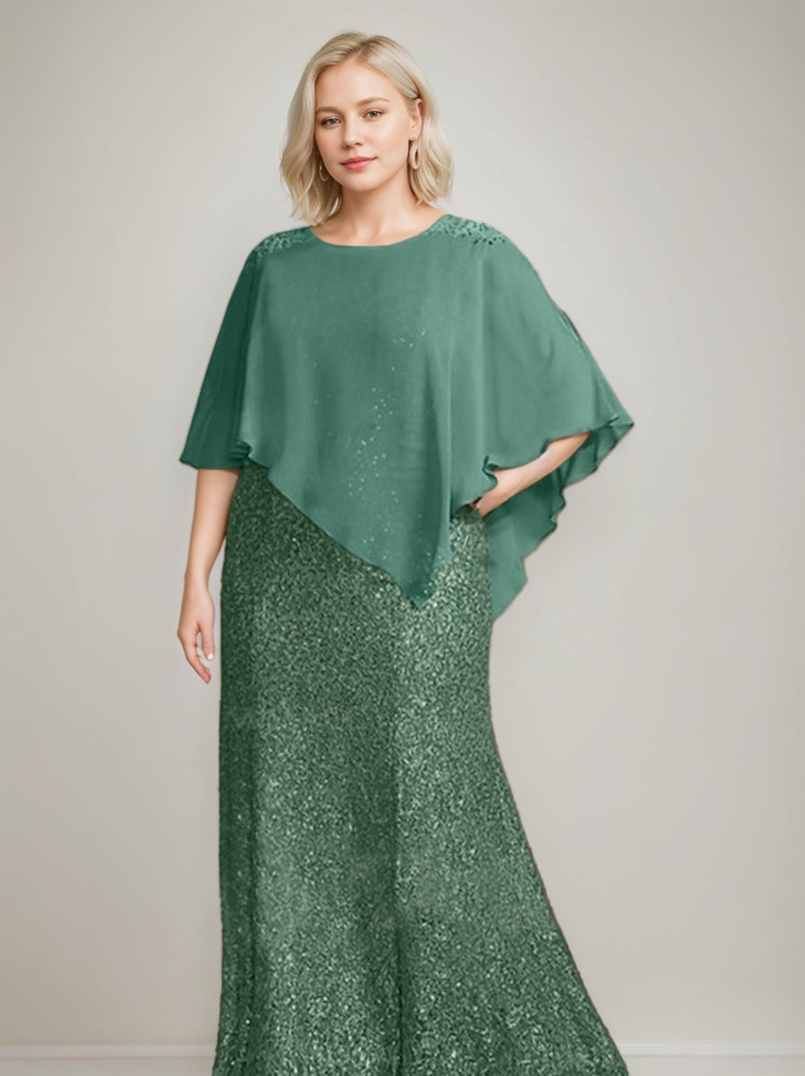 Chiffon Scoop Half Sleeves Floor-Length Plus Size Mother of the Bride Dress with Beading & Sequins