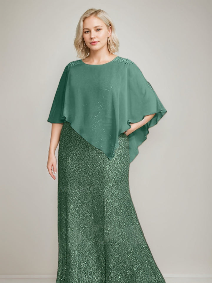 Chiffon Scoop Half Sleeves Floor-Length Plus Size Mother of the Bride Dress with Beading & Sequins