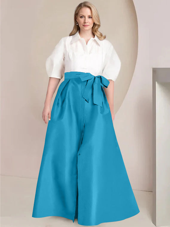 A-Line/Princess Shirt Collar Short Sleeves Floor-Length 2 pieces Plus Size Mother Of The Bride Dresses with Bowknot