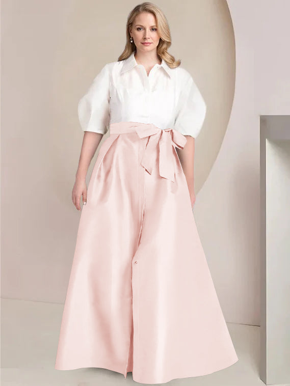 A-Line/Princess Shirt Collar Short Sleeves Floor-Length 2 pieces Plus Size Mother Of The Bride Dresses with Bowknot