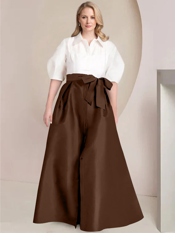 A-Line/Princess Shirt Collar Short Sleeves Floor-Length 2 pieces Plus Size Mother Of The Bride Dresses with Bowknot