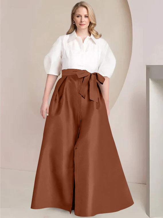 A-Line/Princess Shirt Collar Short Sleeves Floor-Length 2 pieces Plus Size Mother Of The Bride Dresses with Bowknot