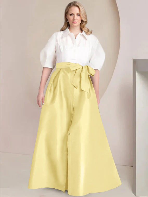 A-Line/Princess Shirt Collar Short Sleeves Floor-Length 2 pieces Plus Size Mother Of The Bride Dresses with Bowknot