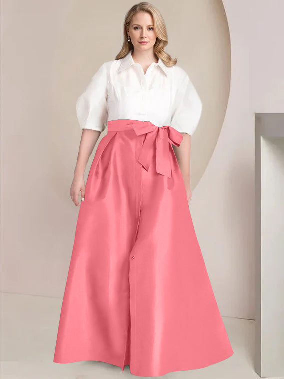 A-Line/Princess Shirt Collar Short Sleeves Floor-Length 2 pieces Plus Size Mother Of The Bride Dresses with Bowknot