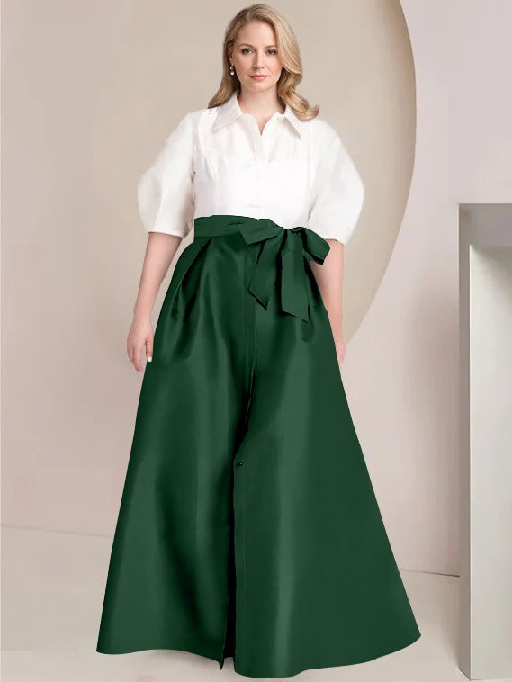 A-Line/Princess Shirt Collar Short Sleeves Floor-Length 2 pieces Plus Size Mother Of The Bride Dresses with Bowknot