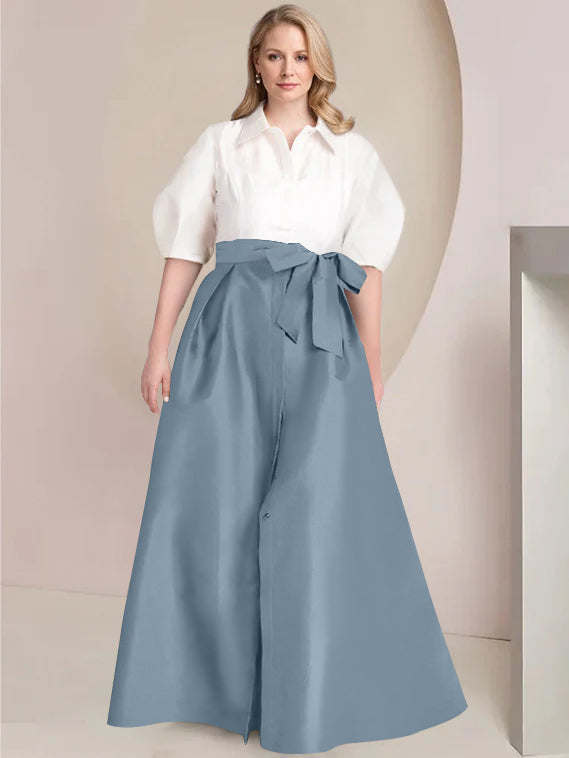 A-Line/Princess Shirt Collar Short Sleeves Floor-Length 2 pieces Plus Size Mother Of The Bride Dresses with Bowknot