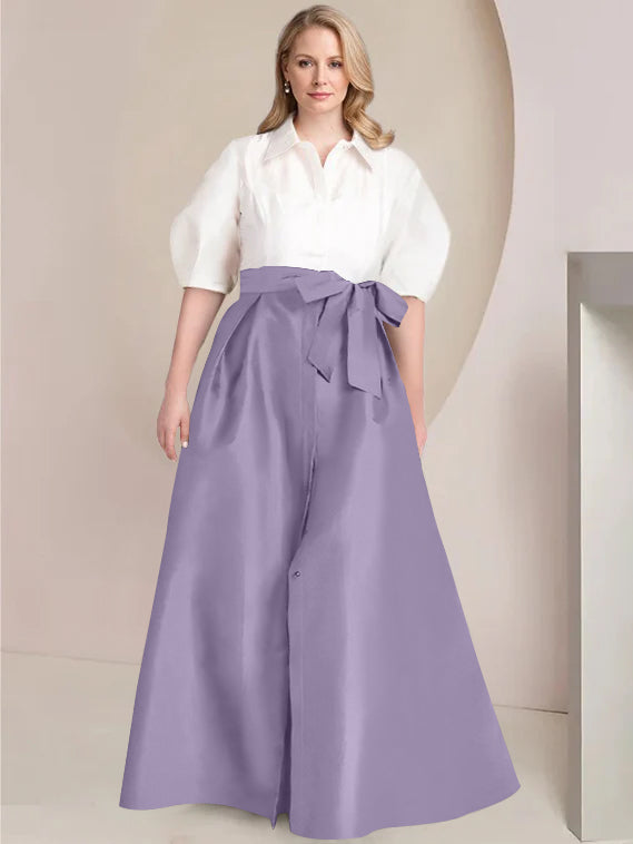 A-Line/Princess Shirt Collar Short Sleeves Floor-Length 2 pieces Plus Size Mother Of The Bride Dresses with Bowknot