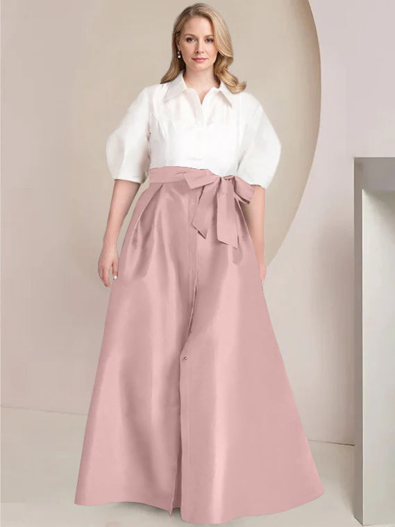 A-Line/Princess Shirt Collar Short Sleeves Floor-Length 2 pieces Plus Size Mother Of The Bride Dresses with Bowknot