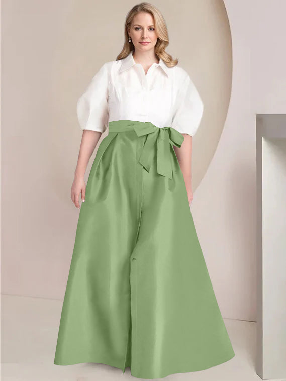 A-Line/Princess Shirt Collar Short Sleeves Floor-Length 2 pieces Plus Size Mother Of The Bride Dresses with Bowknot