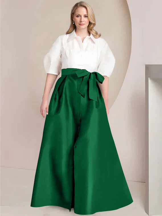 A-Line/Princess Shirt Collar Short Sleeves Floor-Length 2 pieces Plus Size Mother Of The Bride Dresses with Bowknot