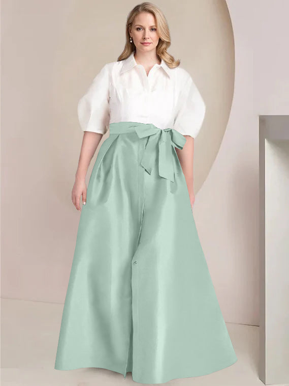 A-Line/Princess Shirt Collar Short Sleeves Floor-Length 2 pieces Plus Size Mother Of The Bride Dresses with Bowknot