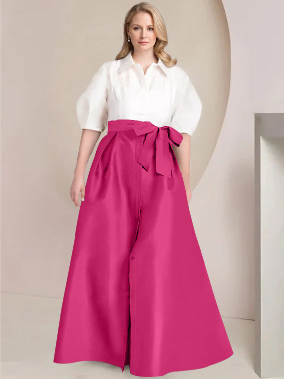 A-Line/Princess Shirt Collar Short Sleeves Floor-Length 2 pieces Plus Size Mother Of The Bride Dresses with Bowknot