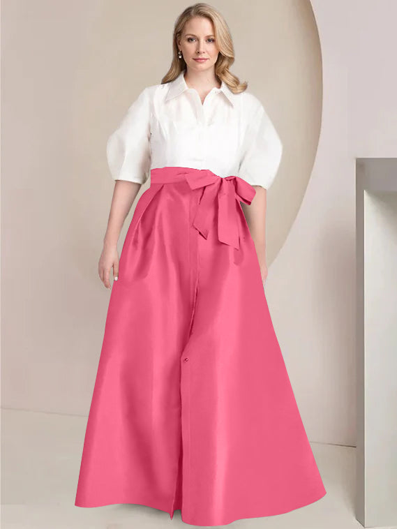A-Line/Princess Shirt Collar Short Sleeves Floor-Length 2 pieces Plus Size Mother Of The Bride Dresses with Bowknot