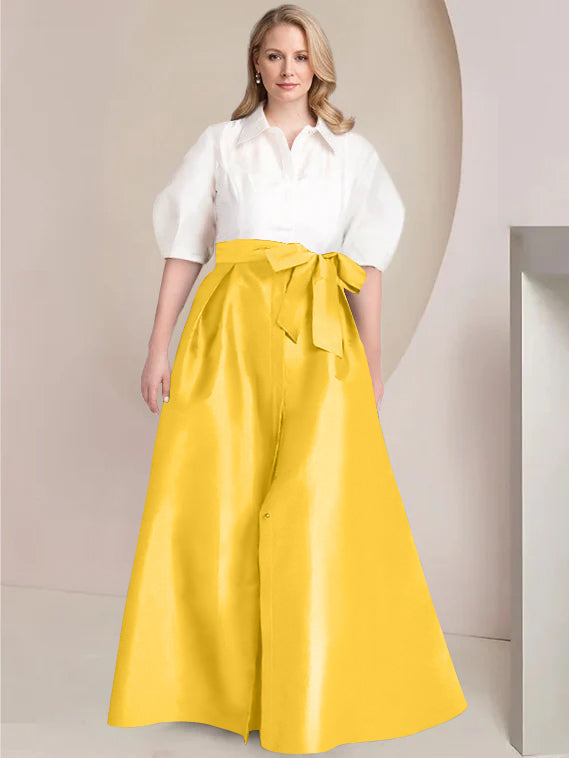 A-Line/Princess Shirt Collar Short Sleeves Floor-Length 2 pieces Plus Size Mother Of The Bride Dresses with Bowknot